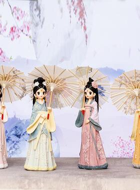 国潮古风玲珑少女打伞摆件