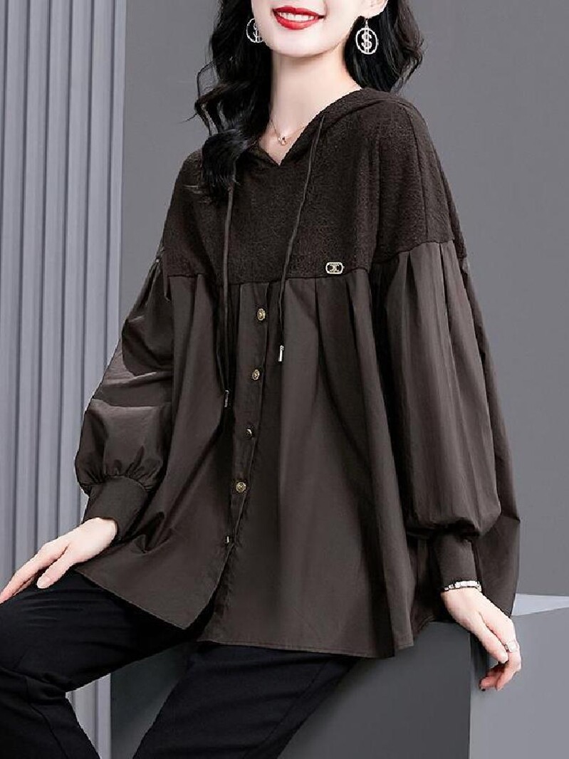 COVERING THE FLESH FASHIONABLE TEMPERAMENT SPRING AND AUTUMN TOPS HIGH-QUALITY VERSATILE PATCHWORK HOODED TOPS T-SHIRTS COFFEE COLOR NEW AUTUMN AND WINTER LOOSE