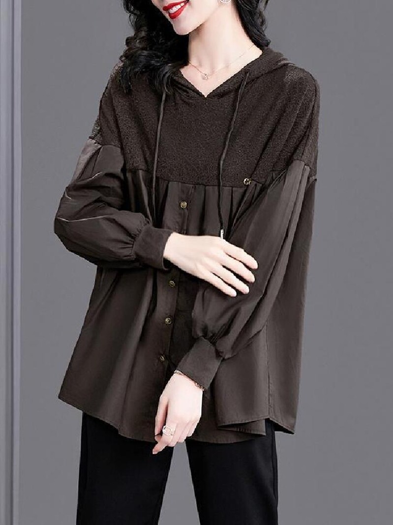 COVERING THE FLESH FASHIONABLE TEMPERAMENT SPRING AND AUTUMN TOPS HIGH-QUALITY VERSATILE PATCHWORK HOODED TOPS T-SHIRTS COFFEE COLOR NEW AUTUMN AND WINTER LOOSE