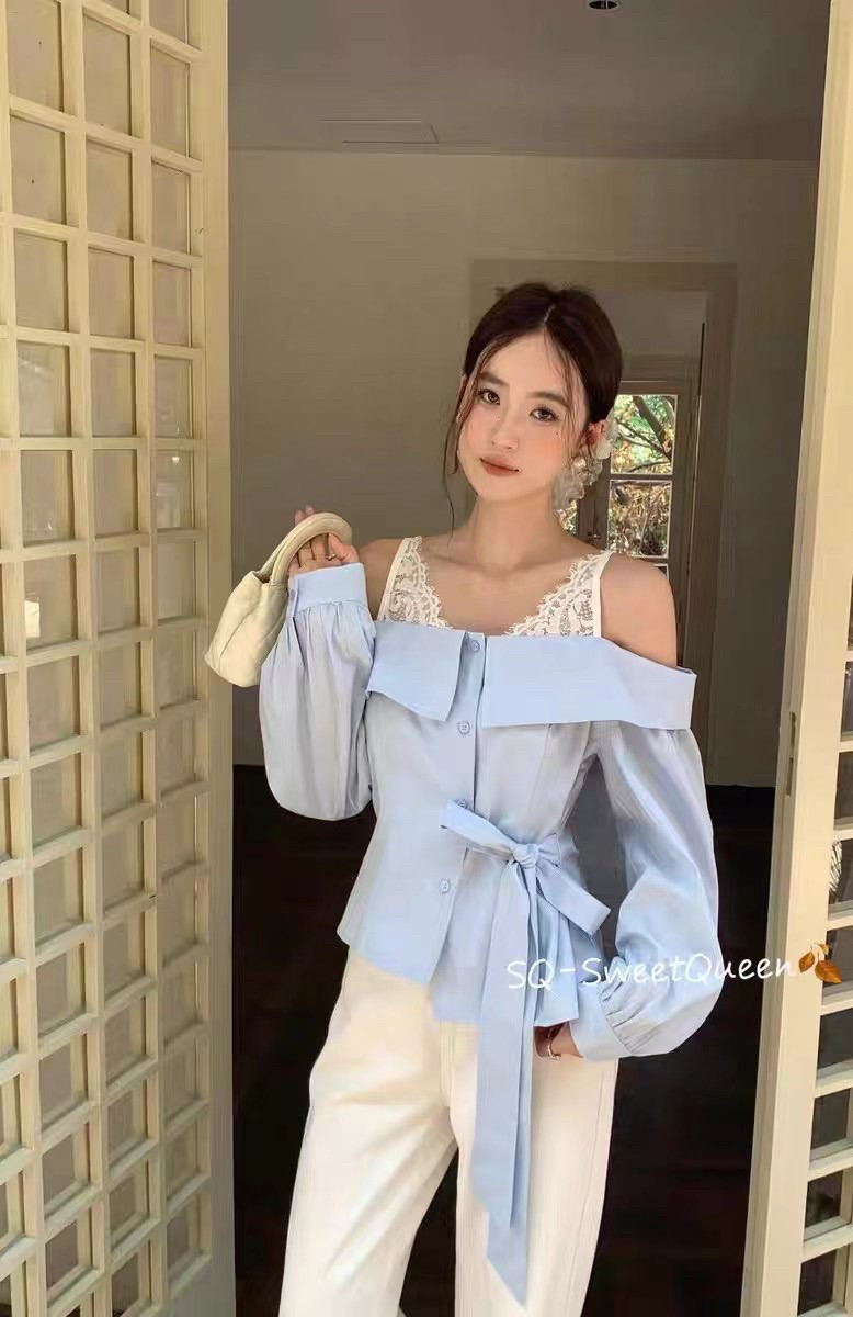 SQ十三行2025早秋新款法式复古蕾丝拼接衬衫女式修身显瘦百搭上衣