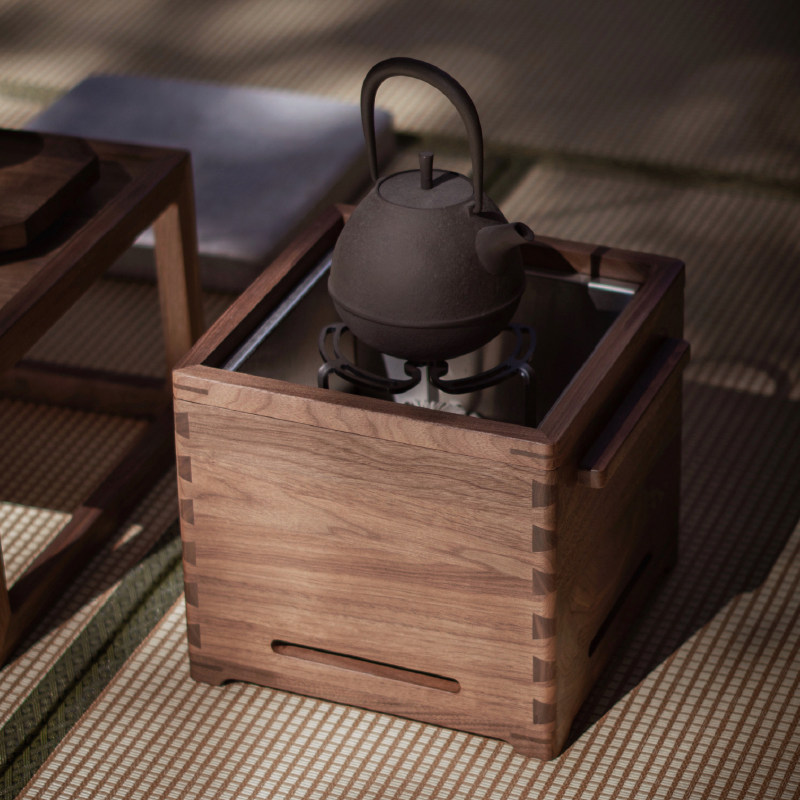 时间连续黑胡桃木火钵茶道烧水煮茶榫卯榻榻米围炉取暖碳炉茶炉