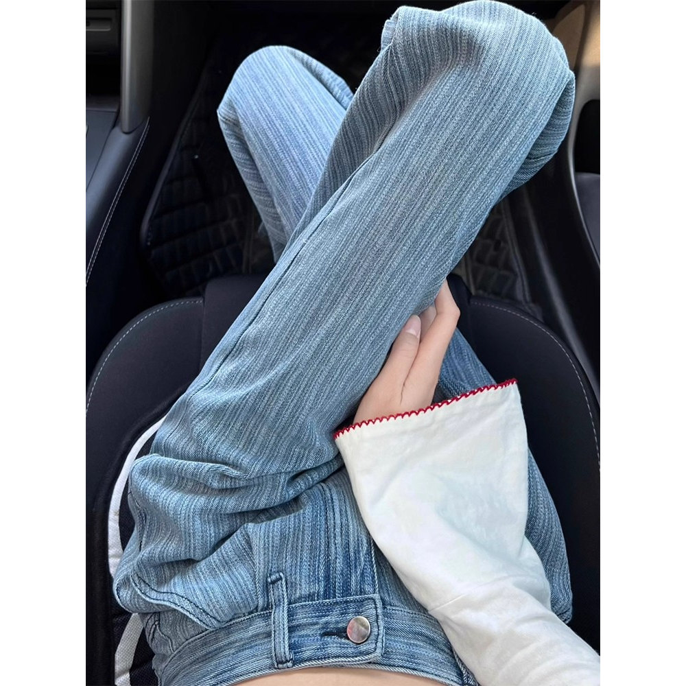 复古条纹阔腿牛仔裤女春秋2025新款宽松垂感高腰显瘦窄版直筒裤子