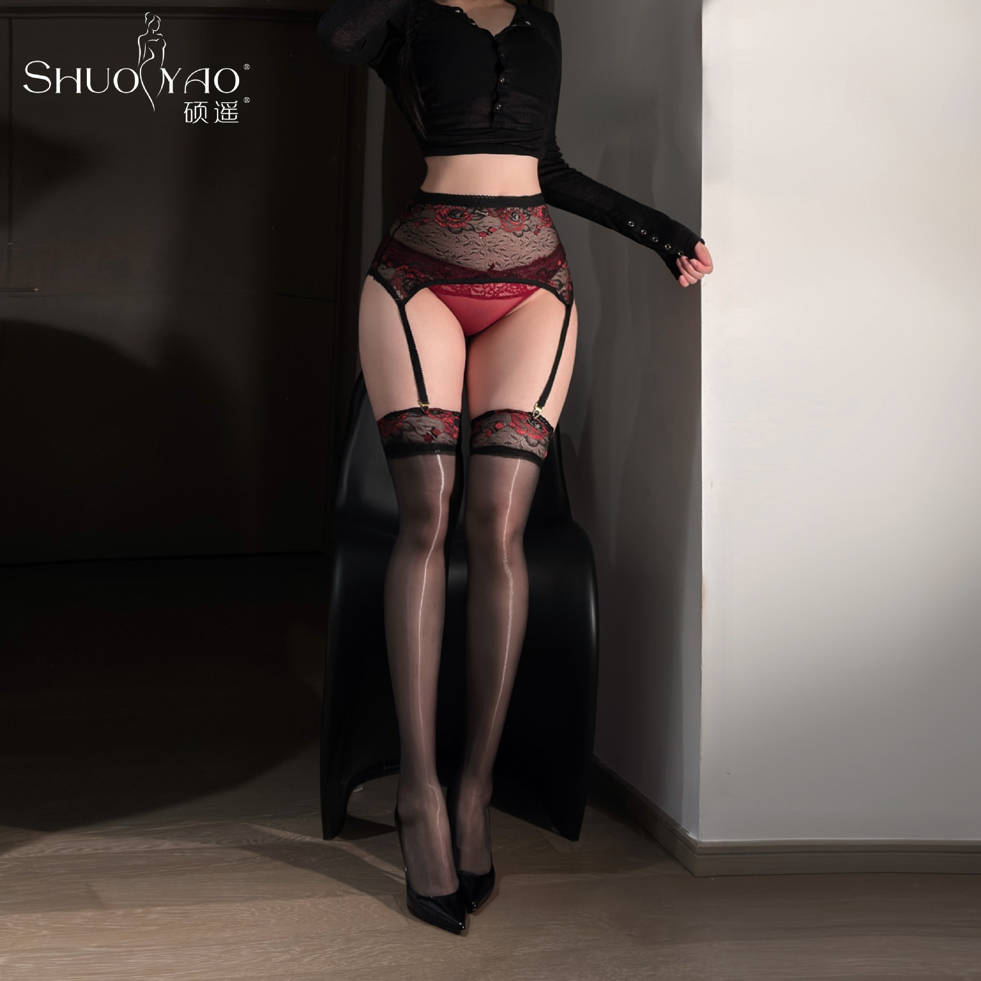 硕遥「玫瑰蔷薇」性感束腰马甲吊带袜纯欲风蕾丝花边丝袜a270