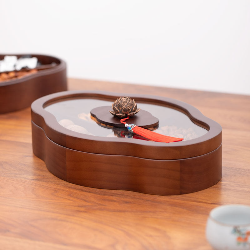 新中式实木分格带盖干果盒家用客厅茶几糖果零食双层收纳盒坚果盒