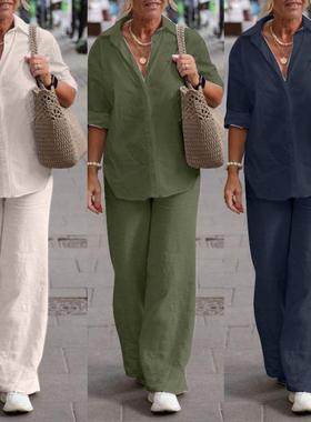 Two-piece blouse wide leg pants suit