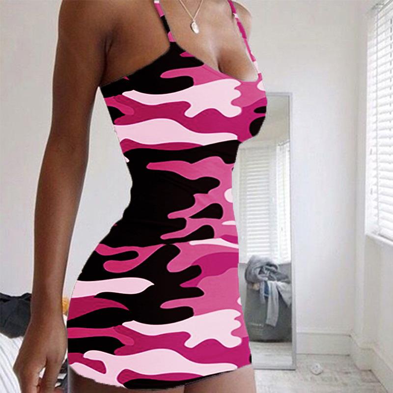 性感吊带迷彩连衣裙女women summer sexy strap camouflage dress