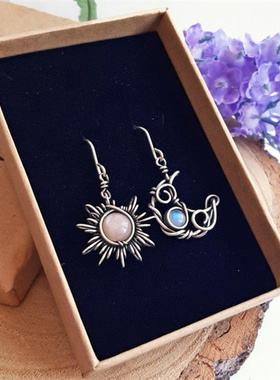 Bohemia Sun And Moon Earrings Silver Color Round Crystal Dro