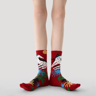 2025年新款本命年马年红色中筒袜子女士秋冬搭配勃肯鞋皮鞋3双装