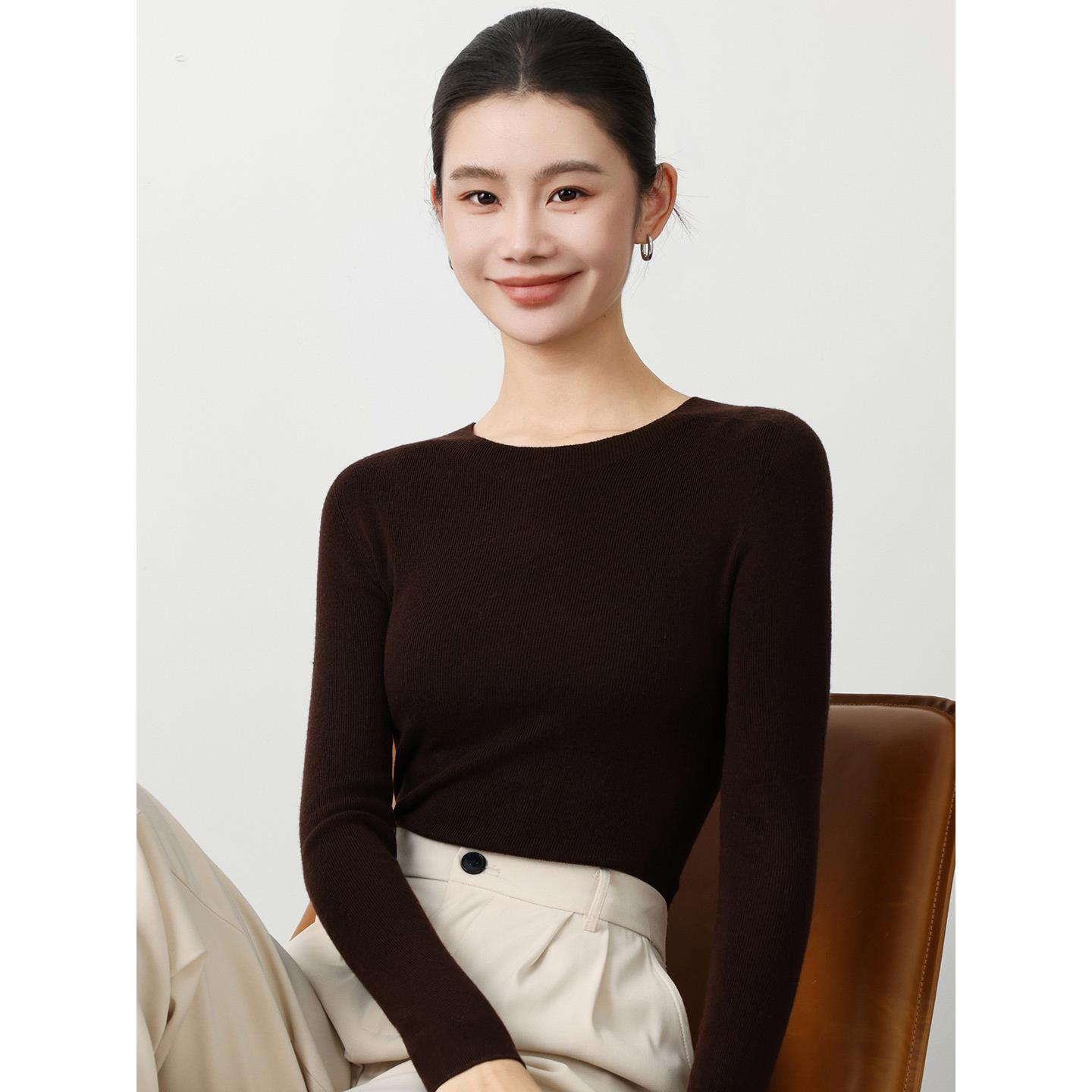 MONLOUVE精纺衫女早秋圆领可机洗修身毛衣内搭无缝针织打底衫低领