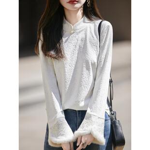 MONLOUVE黑色打底衫女秋冬国风马甲内搭针织缎袖口毛毛刺绣新中式