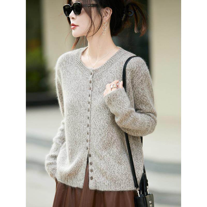 MONLOUVE高级感浣熊绒毛衣开衫2025秋冬加厚针织衫外套圆领小个子