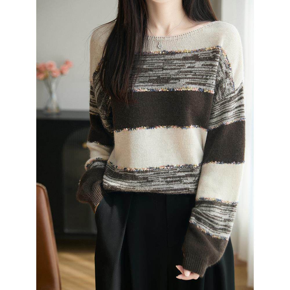 MONLOUVE韩版高级感拼色条纹针织衫2025秋季新款宽松长袖上衣套头