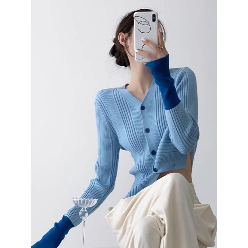 MONLOUVE品牌高端女装2025年新款秋季时尚气质撞色V领坑条修身显