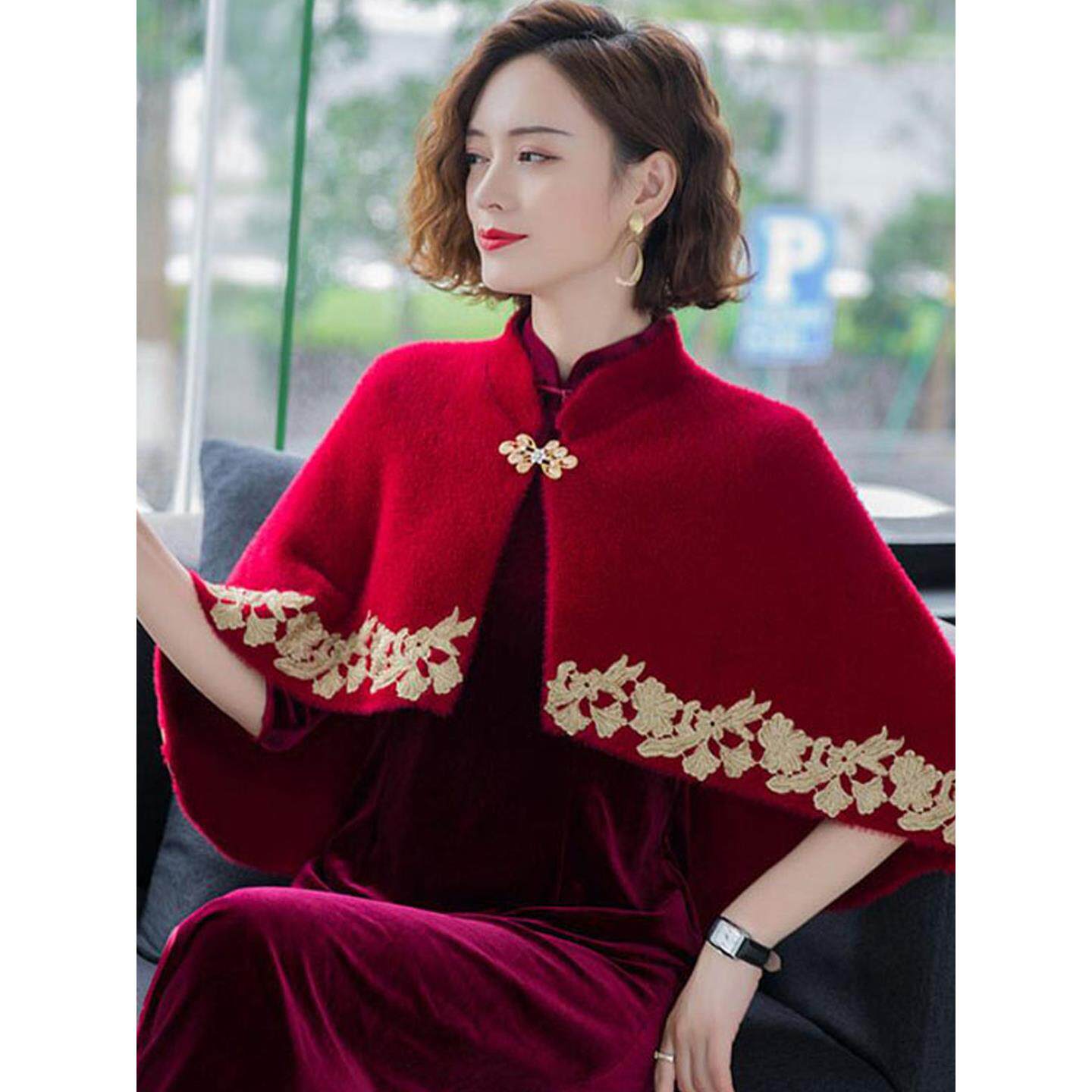MONLOUVE搭配旗袍的钩花披肩斗篷外套女秋冬季外搭高贵披风开衫气