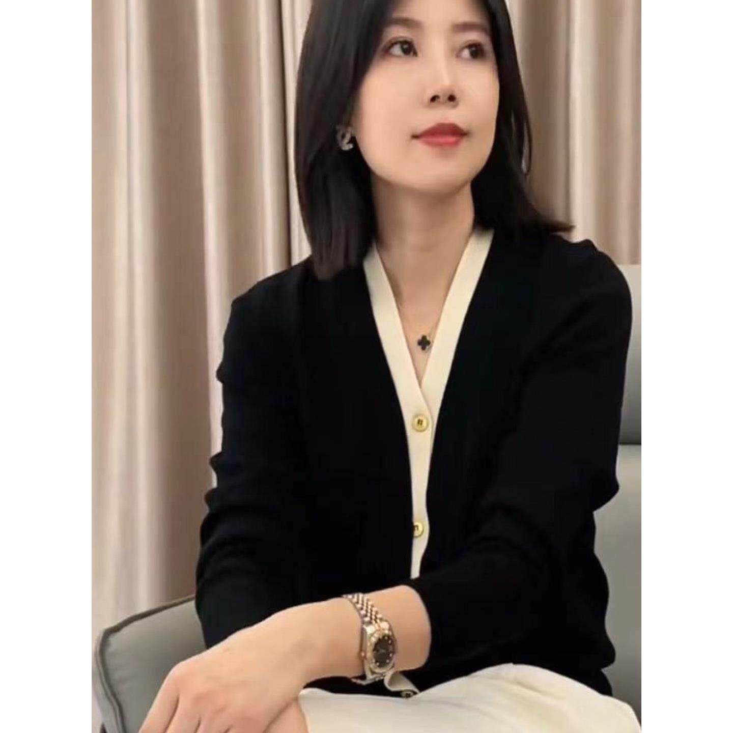 MONLOUVE假两件上衣女假开衫毛衣外套秋新款V领针织衫薄款外穿长