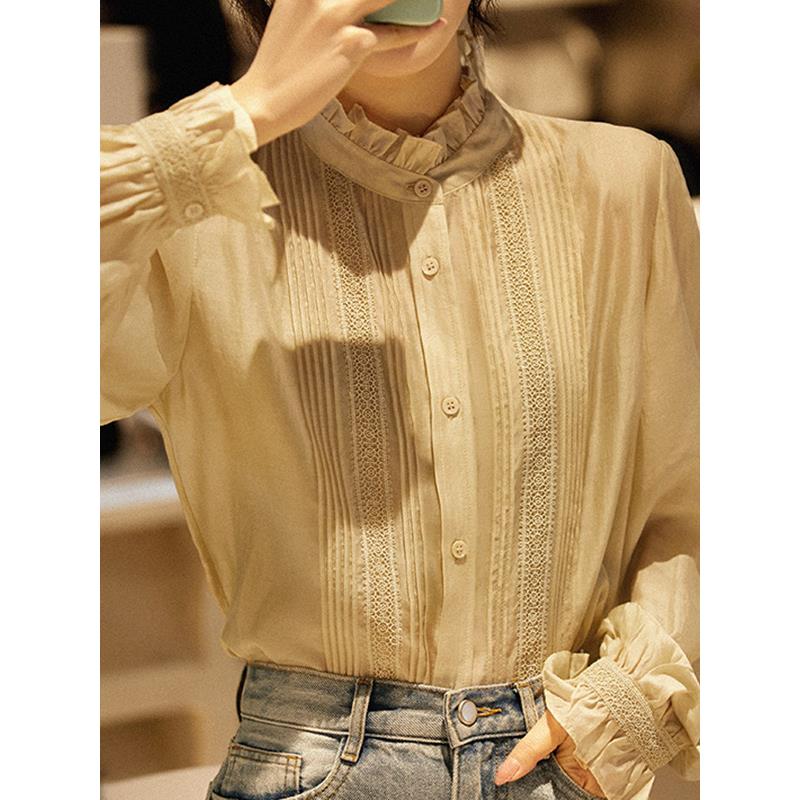 MONLOUVE品牌高端女装2025年新款秋季时尚气质宽松灯笼袖蕾丝衬衫