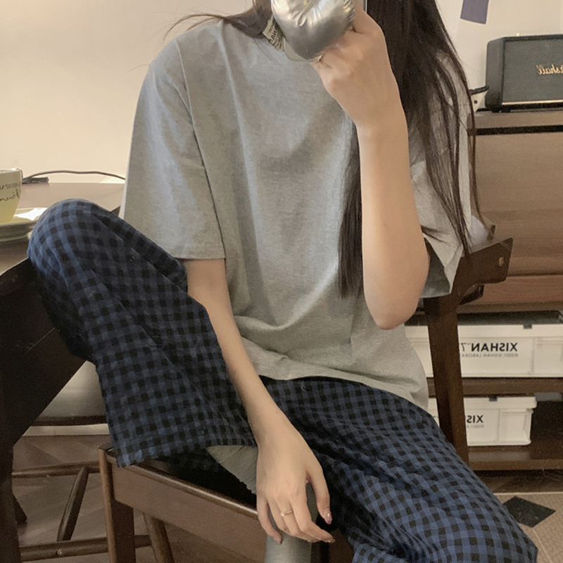 睡衣女春秋季短袖长裤韩版宽松运动休闲简约格子家居服套装可外穿