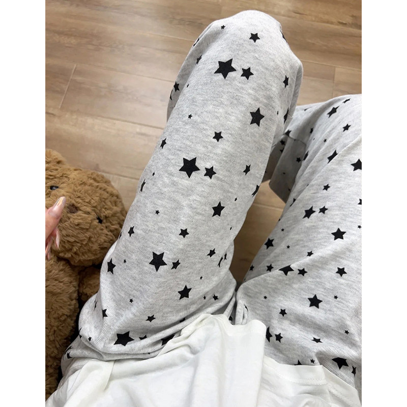 美式复古休闲裤女早秋满印星星灰色阔腿裤宽松直筒拖地运动长裤子