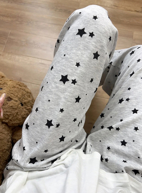 美式复古休闲裤女早秋满印星星灰色阔腿裤宽松直筒拖地运动长裤子