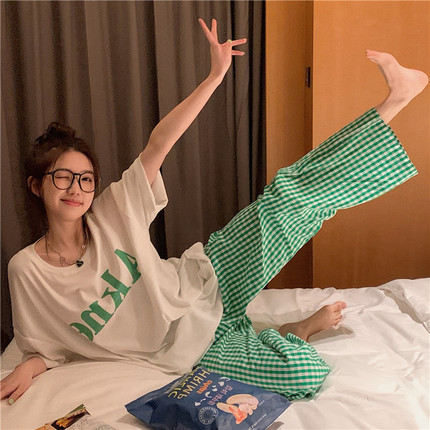 时尚套装设计感显瘦短袖上衣女夏季绿色格子裤学生休闲家居服外穿
