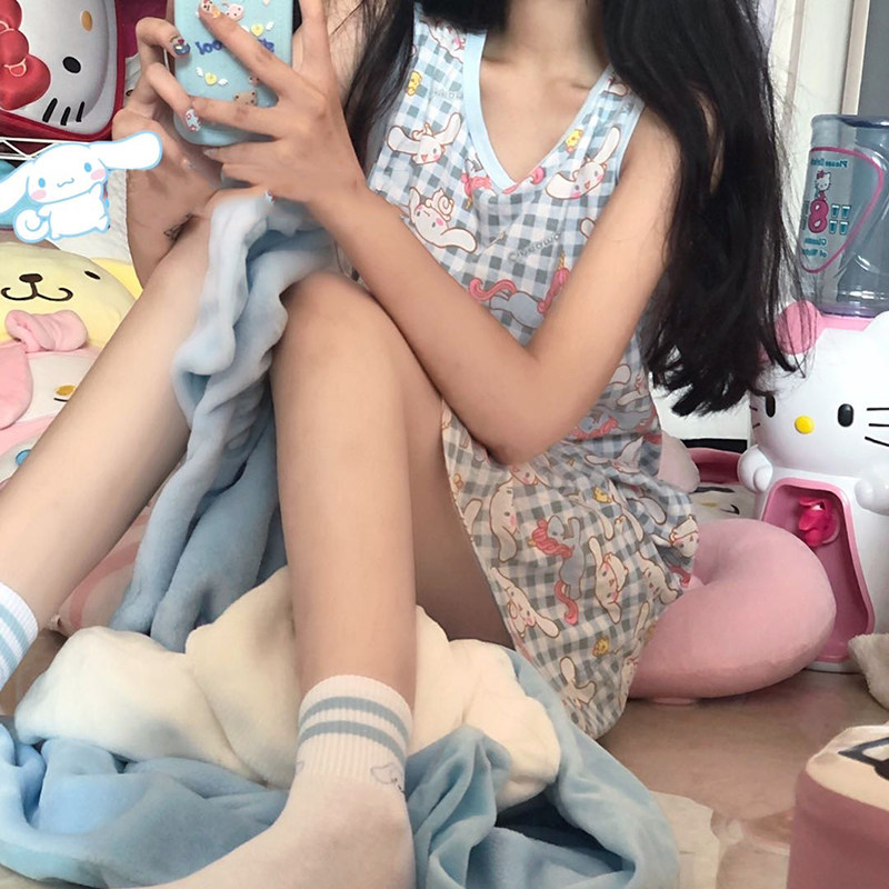 귀여운 계피 개 민소매 라운드 넥 잠옷 느슨한 가정 의류 학생 여름 달콤한 얇은 치마 소녀 의류 겉옷