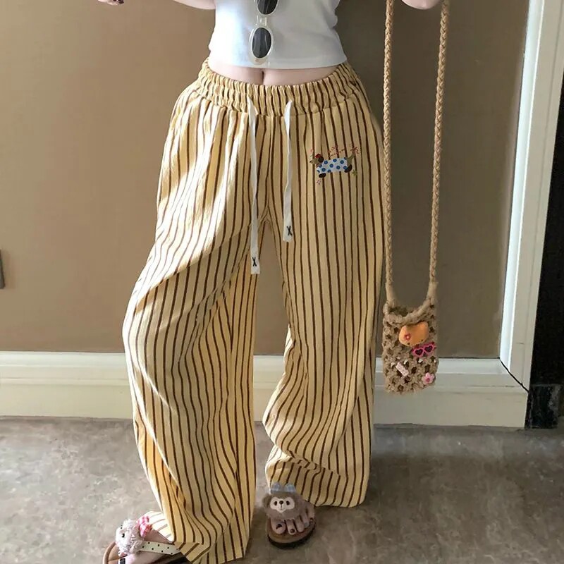 夏季遛弯裤云朵棉睡裤女双口袋格子直筒阔腿裤休闲条纹家居裤外穿