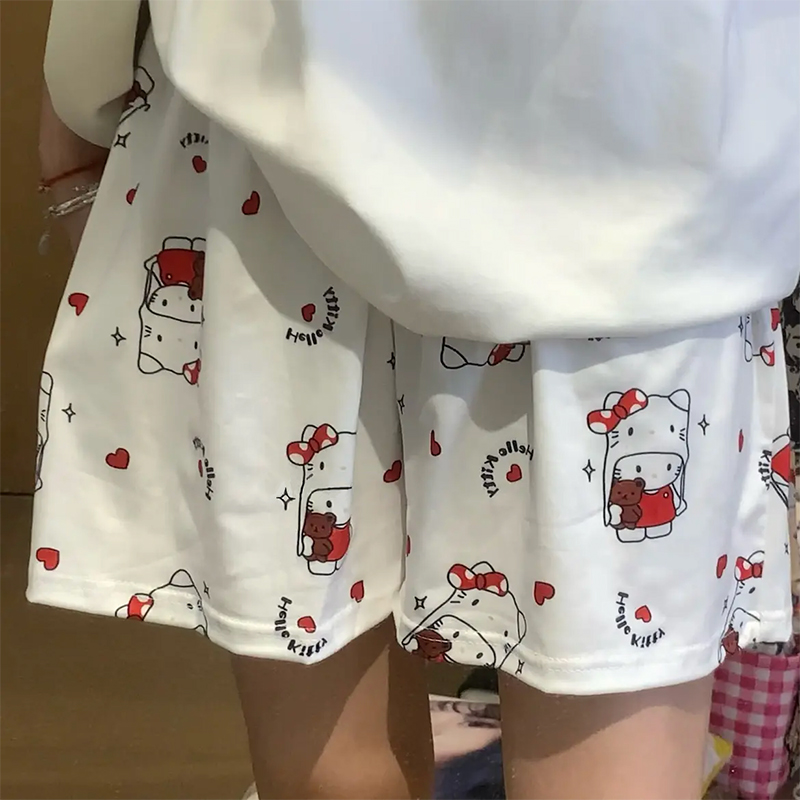 过夏天!可爱卡通kitty猫睡裤夏季新款高腰家居阔腿短裤宽松休闲裤
