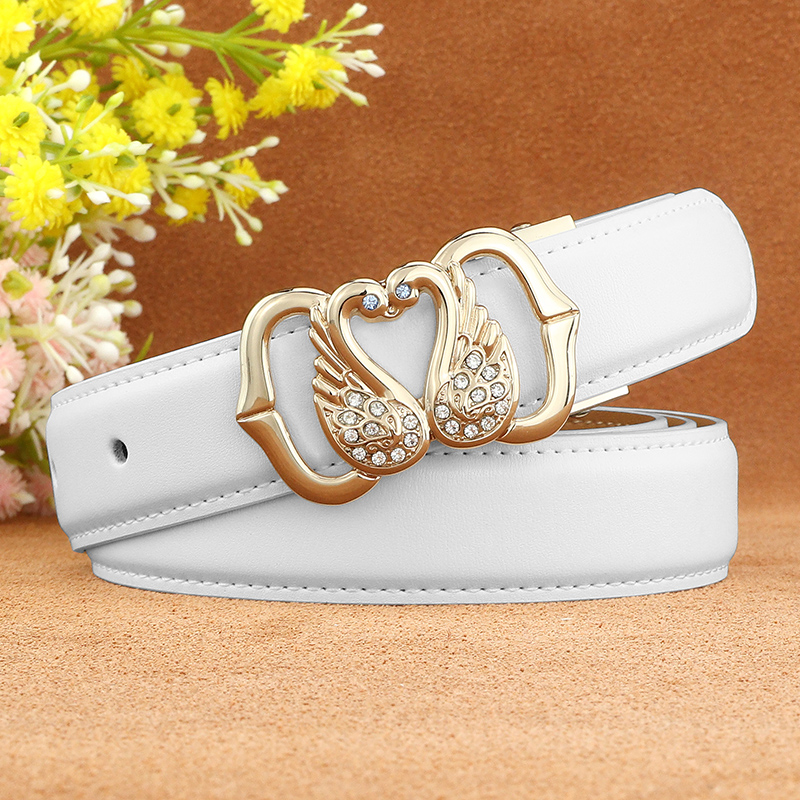 时尚镶钻皮带女士真皮韩版女人天鹅平滑扣腰带百搭装饰白色裤带