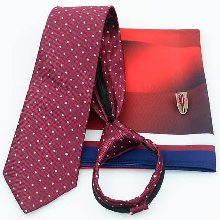 红旗领带丝巾汽车4S拉链免打结易拉得懒人免系波点酒红色圆点8cm