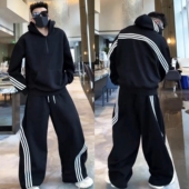 秋冬新款 两件套 潮流宽松连帽卫衣卫裤 重磅三条杠休闲运动套装 男士