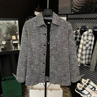 春秋新款男士小香风衬衫外套潮流百搭高级感灰色复古编织长袖衫男