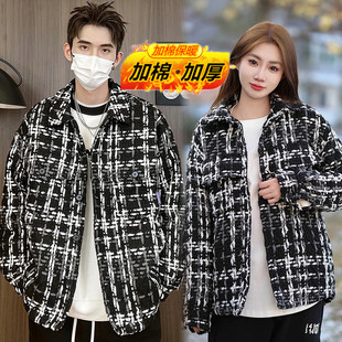 冬季加厚情侣格子棉服男款小香风夹克爆款千鸟格宽松编织百搭外套