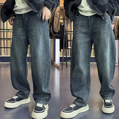 冬季 简约宽松百搭休闲直筒长裤 重磅加绒加厚弯刀水洗牛仔裤 男时尚