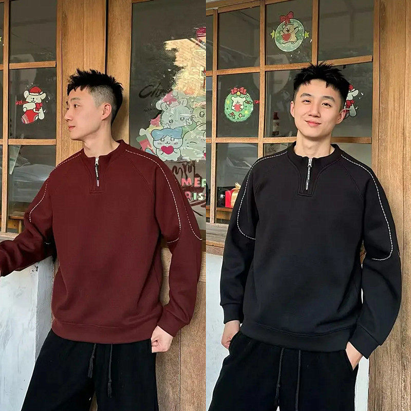 春季糯米双面绒半拉链圆领卫衣男士宽松百搭加绒毛呢明线刺绣上衣 - MENS青潮严选出品