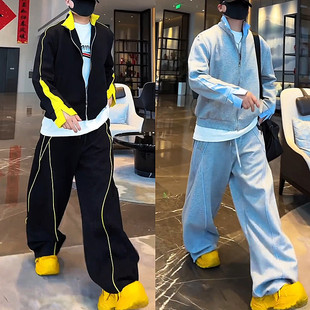 卫衣长裤 春季 男宽松百搭立领开衫 撞色拼接运动休闲套装 两件套 新款