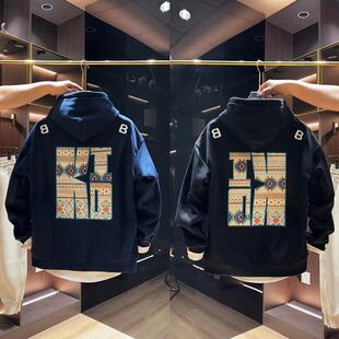 冬季新款刺绣字母连帽加绒卫衣男大口袋宽松百搭休闲运动情侣帽衫