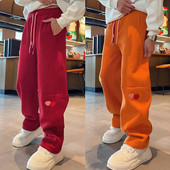 植绒贴布时尚 百搭休闲裤 男士 冬季 加绒加厚撞色宽松百搭直筒长裤