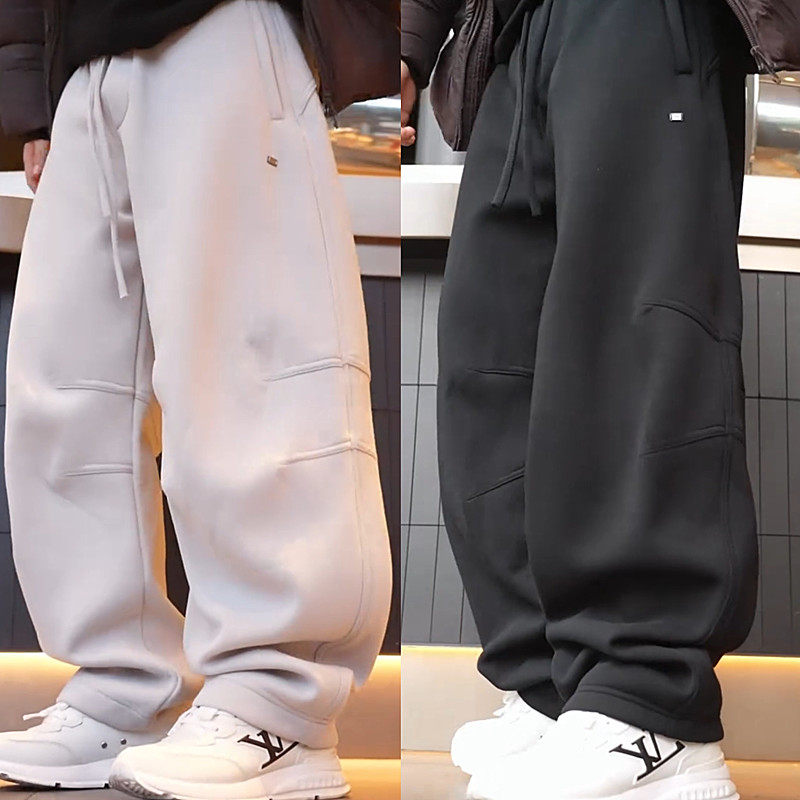 冬季新款奥利绒重磅休闲裤男士宽松百搭刺绣拼接直筒阔腿拖地裤,男装,休闲裤,淘宝优惠券,粉丝福利购,淘宝优惠卷