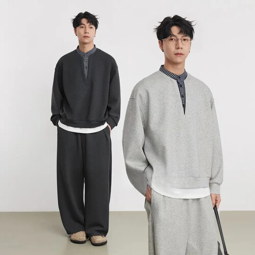 春季美式复古假两件卫衣套装男