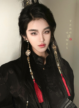 新中式红色长流苏无耳洞耳挂汉服古风耳环男女复古夸张耳骨夹耳饰