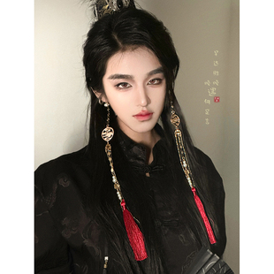 新中式红色长流苏无耳洞耳挂汉服古风耳环男女复古夸张耳骨夹耳饰