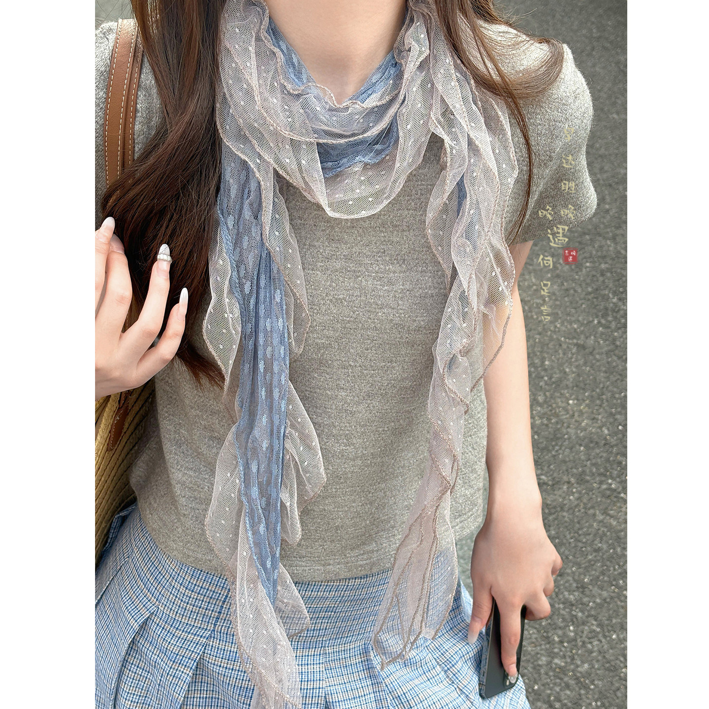 波点蕾丝边丝巾木耳边长款围巾