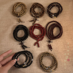 新中式黑檀木多圈串珠手链女高级感朱砂叠戴手串国风复古情侣手饰