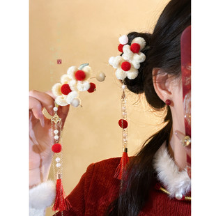 「丹红贺岁」红色毛球花朵流苏发夹新中式喜庆侧边夹儿童过年发饰
