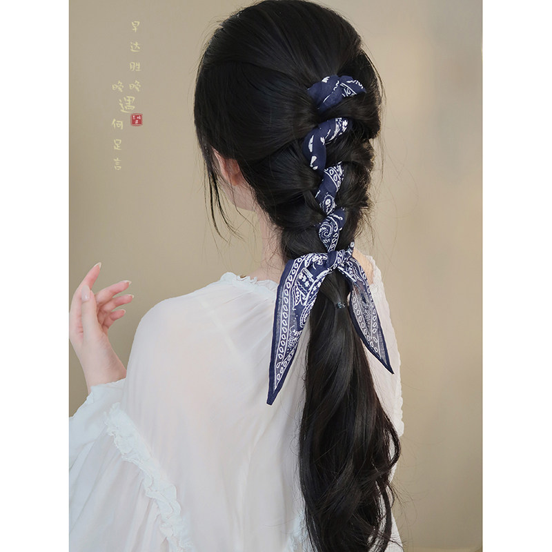 蓝色腰果花绑发丝巾小众复古时尚图片