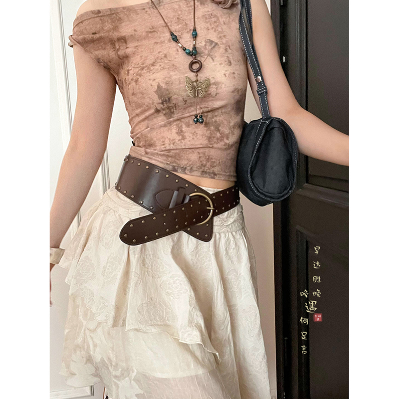 黑色宽版铆钉皮带女款复古y2k配裙子牛仔裤腰带腰链腰间装饰配饰