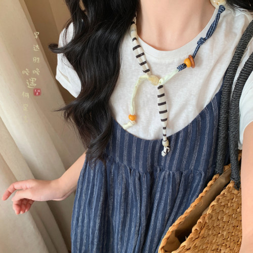 趣味拼接天然石项链女款复古独特可调节锁骨链毛衣链小众挂脖配饰