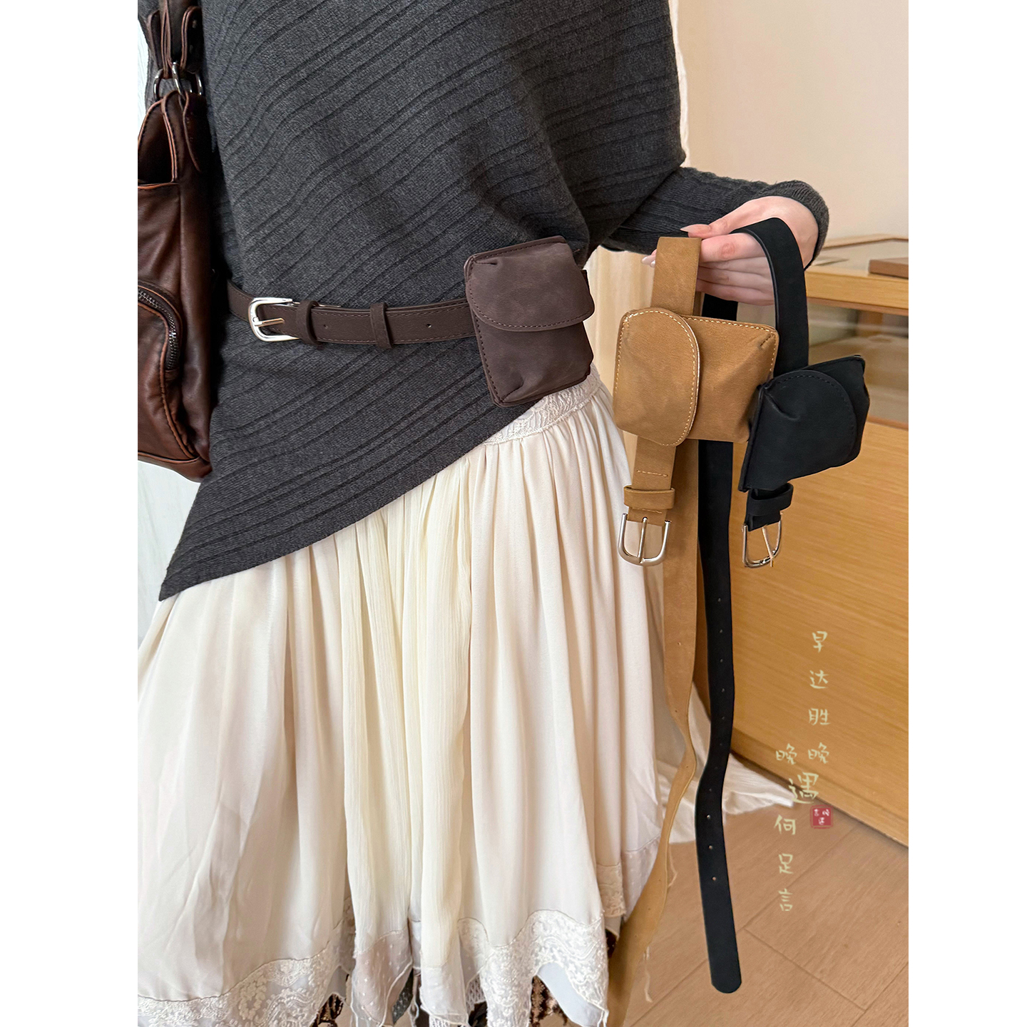 棕色方形小包腰带复古小众设计