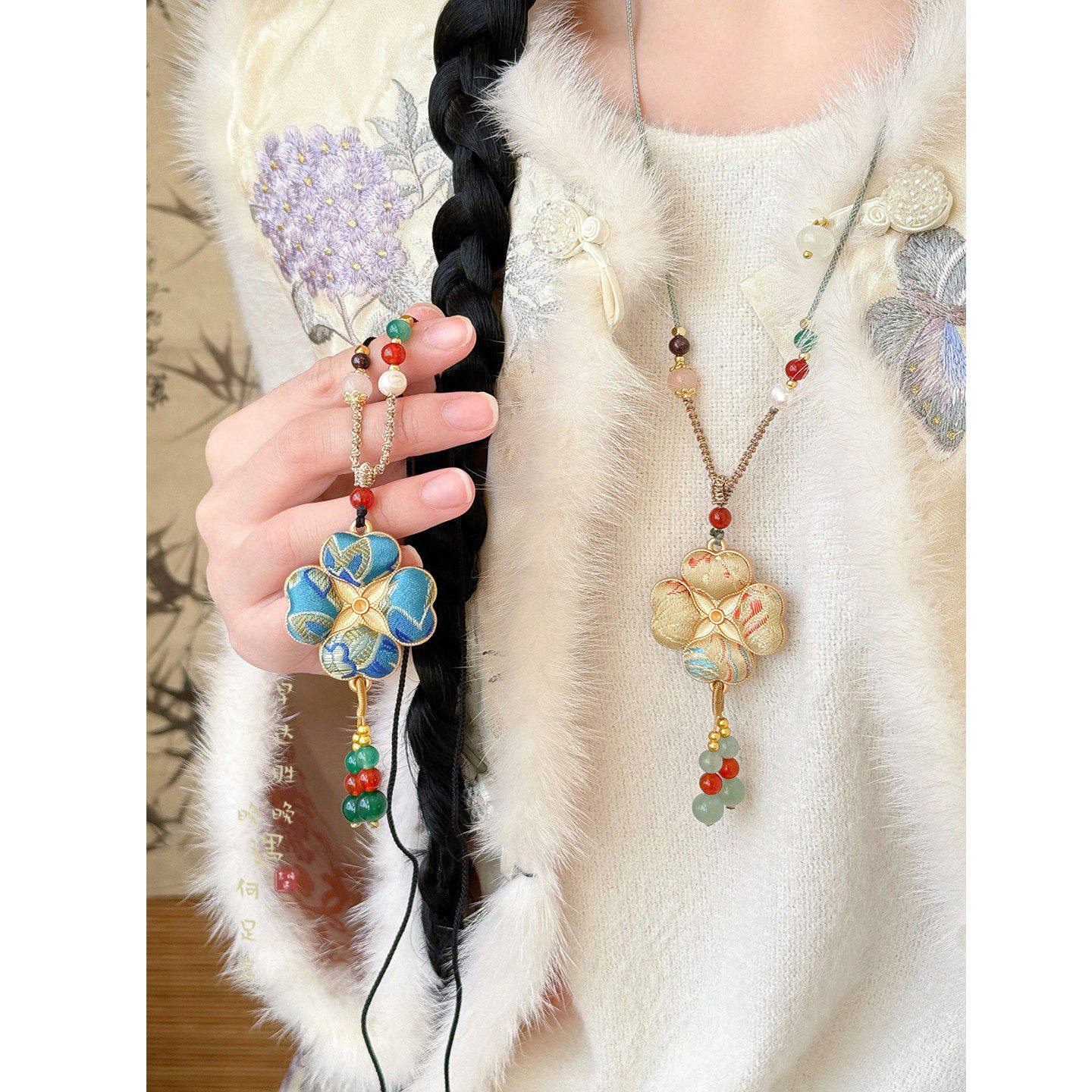 ［花开富贵］宋锦刺绣吊坠项链女款新中式国风毛衣链长款挂绳配饰