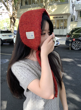 红色针织系带耳罩女生冬季耳暖耳帽氛围感保暖围巾围脖防冻耳捂子